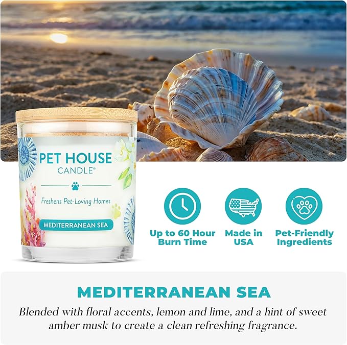 One Fur All Pet House Candle 2 Pack - Plant-Based/Soy - Clean Burning Scented, Long Lasting Pet Odor Candle for Home - Mediterranean Sea
