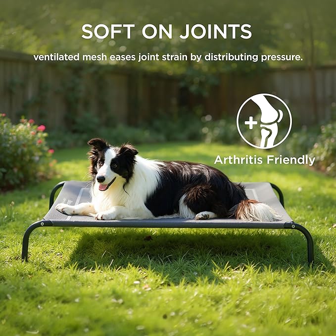 Bedsure Outdoor Elevated Dog Bed Medium Size Dog, Portable Indoor & Outdoor Cooling Raised Cot Pet Hammock Bed with Skid-Resistant Feet, Frame with Breathable Mesh, Black, 43 inches