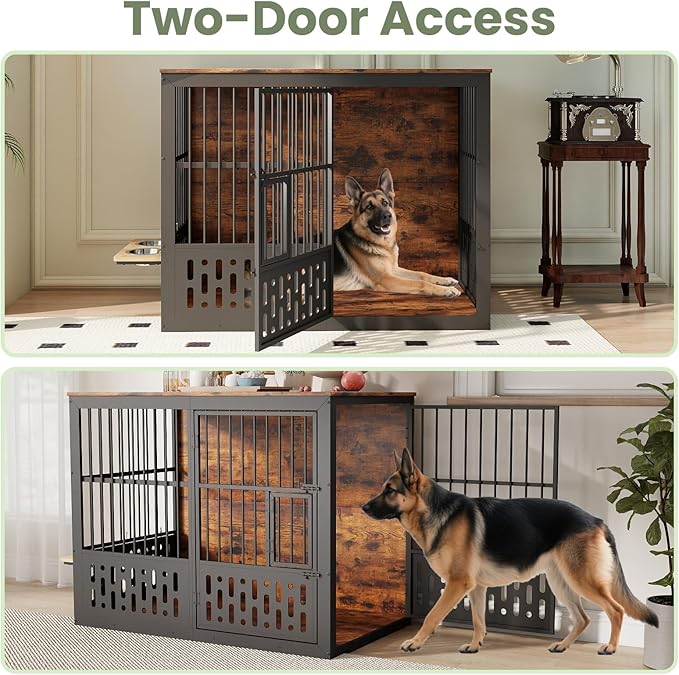 48 Inch XXL Dog Crate Furniture, Wooden Chewproof Dog Kennel with Interactive Window, 360° Adjustable Bowls (5 Heights), Storage Table Top, Heavy Duty XL Dog Crate for Medium Large Dogs, Brown