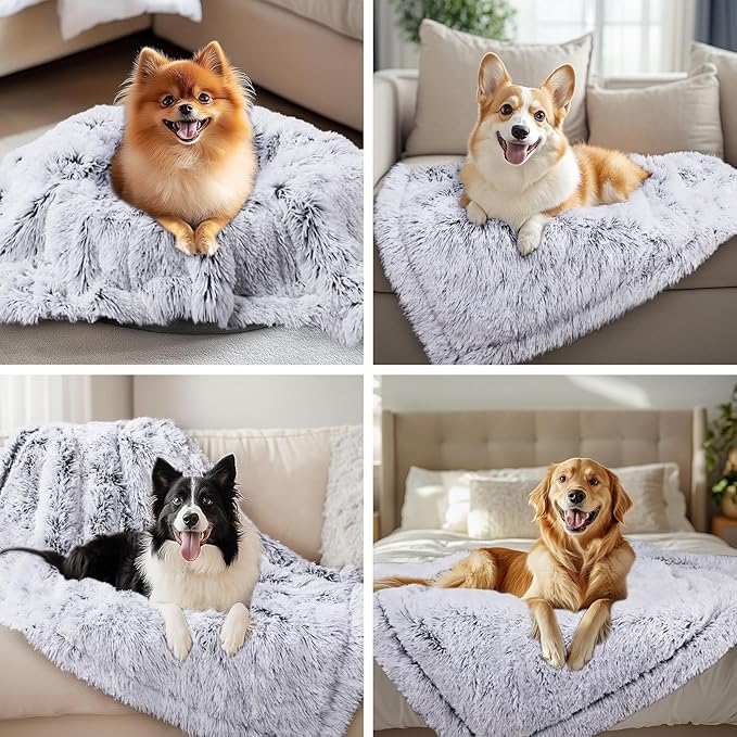 Luciphia Large Waterproof Dog Blanket for Pet Washable Liquid Proof Bed Intimacy Protection Shaggy Plush Calming Long Faux Fur Couch Cover Calming Cat Throw Blankets, Mist Grey, 60" x 80"