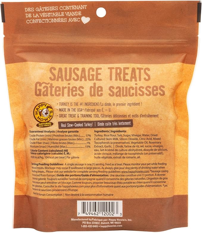 Happy Howie's Sausage Treats - Healthy Dog Treats, Flavorful, Slow Cooked, Natural Ingredients, Chewy Dog Treat, Hormone Free - Turkey, (Pack of 1)
