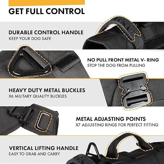 Tactical Dog Backpack Harness for Large Breed Original Design Metal Buckle Vest with Side Bags Pouches for Service Working Training (Black (with 2 Pouches), XL)