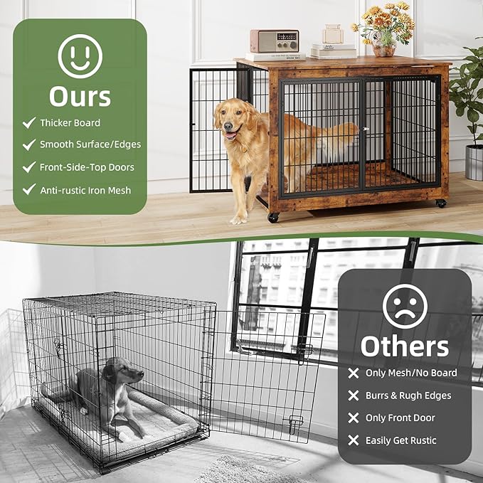 43" Movable Extra Large Dog Crate, Wooden Furniture Dog Crate with Top Access for Teasing/Feeding, 4 Rotating Wheels, Heavy-Duty Large Dog Kennel Indoor as End Table, Chew-Resistant, Brown