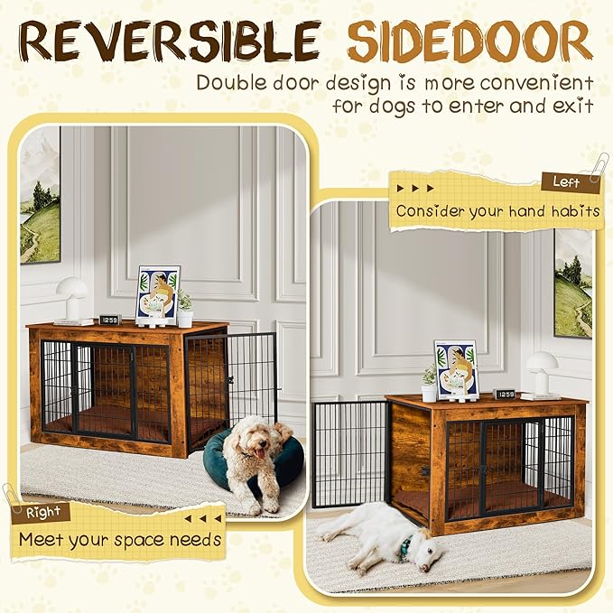Bigrab Dog Crate Furniture with Thick Cushion, Side End Table Wooden Dog Cage with Double Doors, Chew-Resistant Dog Kennel Dog House Indoor for Small to Large Dog, S