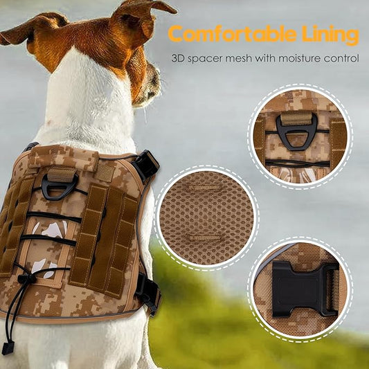 Heavy-Duty Tactical Dog Harness for Large Dogs, No Pull Adjustable Reflective Pet Vest with Molle System, K9 Military-Grade Control for Service Training, Outdoor & 10+ Breeds, Khaki Camo, X-Large