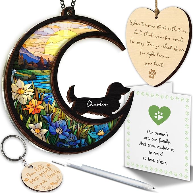 6'' Dachshund Long Hair Memorial Suncatcher, Custom Name, Pet Ornament Window Car Hanging, Sympathy Gift for Loss of Pet, Passed Away Remembrance Gift for Dog Lovers 12-SS1