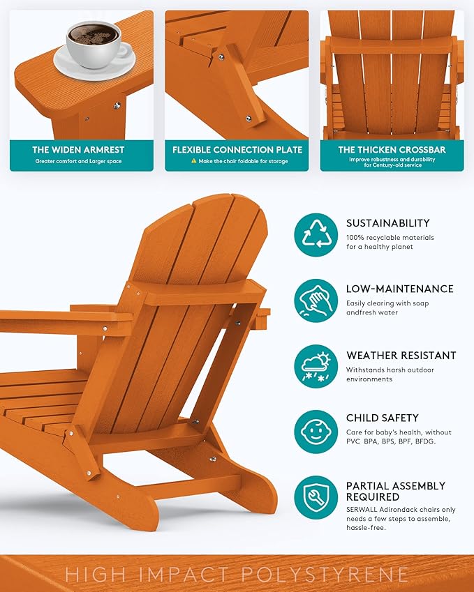 SERWALL Folding Adirondack Chair Set of 4 for Patio Garden Outdoors Fire Pit Chairs- Orange