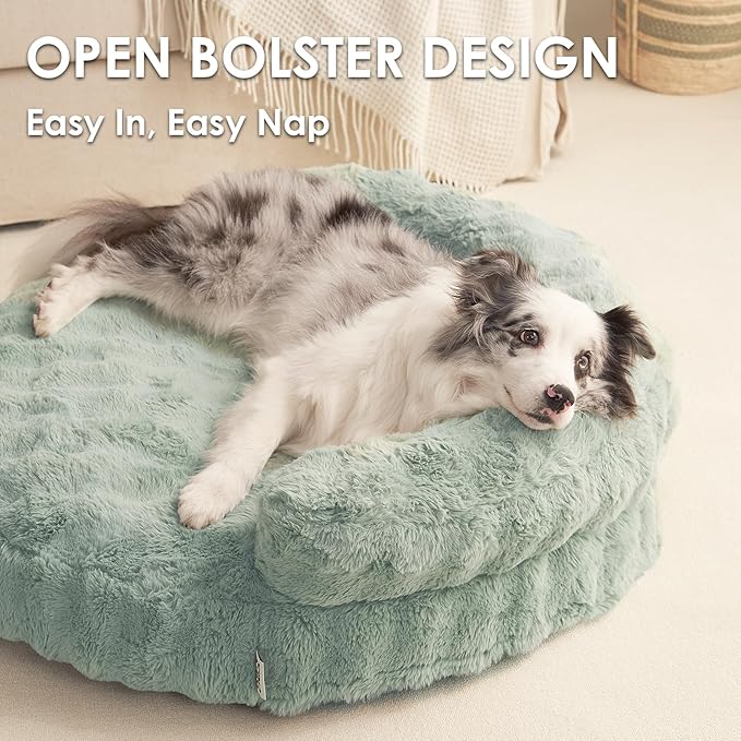 EHEYCIGA Large Dog Bed Sofa – Fluffy Faux Rabbit Fur Pet Couch for Medium and Large Dogs, Washable Removable Cover, Waterproof and Non-Slip, 36 Inch, Sage Green