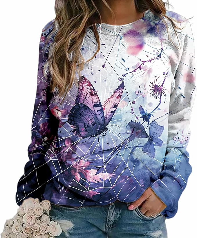 MARSVOVO Fall Sweatshirt for Women Novelty Spider Web Shirt Dressy Casual Crewneck Tunic Tops Spring Graphic Pullover
