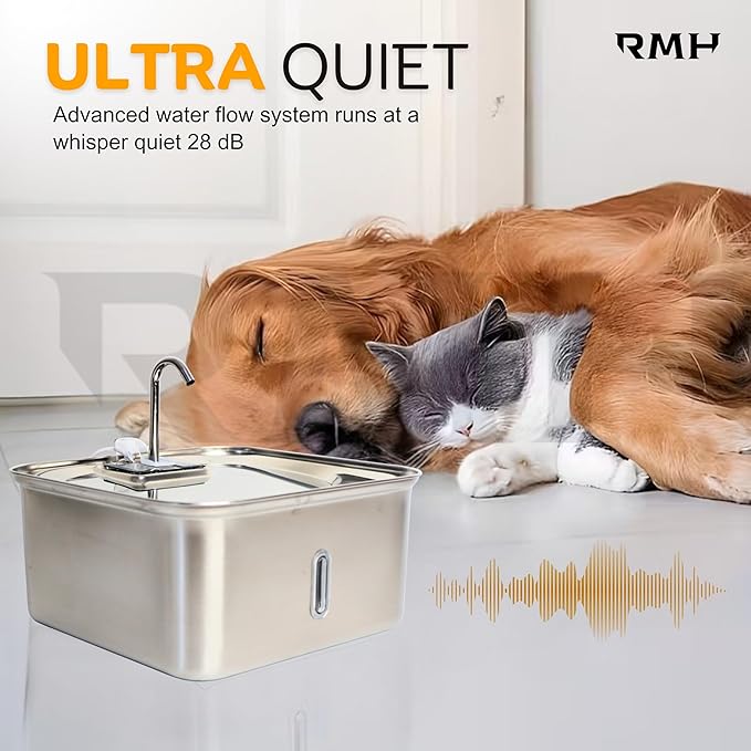 7L Stainless Steel Cat & Dog Water Fountain with 12×16 Waterproof Anti-Slip Mat, Automatic Pet Water Fountain with Quiet Pump, Triple-Stage Filter & LED Water Window for Multi-Pet Homes