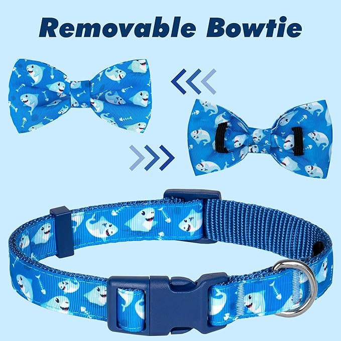 azuza Dog Collar with Bow Tie, Soft and Comfortable Adjustable Bowtie Dog Collar for Puppy and Small Dogs (XS, Shark)