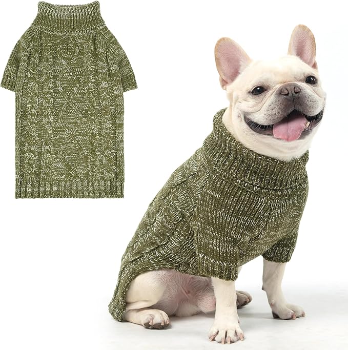 KOOLTAIL Thermal Knitted Dog Sweater for Small Medium Large Dogs, Turtleneck Cable Knit Doggy Winter Coat Warm Clothes Sweatshirt Outfits for Cold Weather, Pullover Pet Jumper for Puppy Cats Green SM
