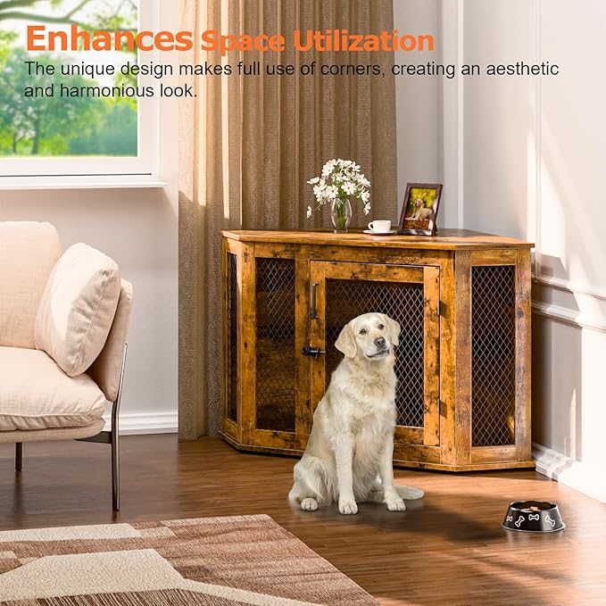 Corner Dog Crate Furniture, 52" Wooden Dog Kennel Furniture End Table with Mesh, Dog Kennel Indoor Furniture for Small Medium Large Dogs, Modern Decorative Wood Pet House Dog Cage Crate, Brown