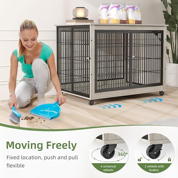 43" Movable Extra Large Dog Crate, Wooden Furniture Dog Crate with Top Access for Teasing/Feeding, 4 Rotating Wheels, Heavy-Duty Large Dog Kennel Indoor as End Table, Chew-Resistant, Gray