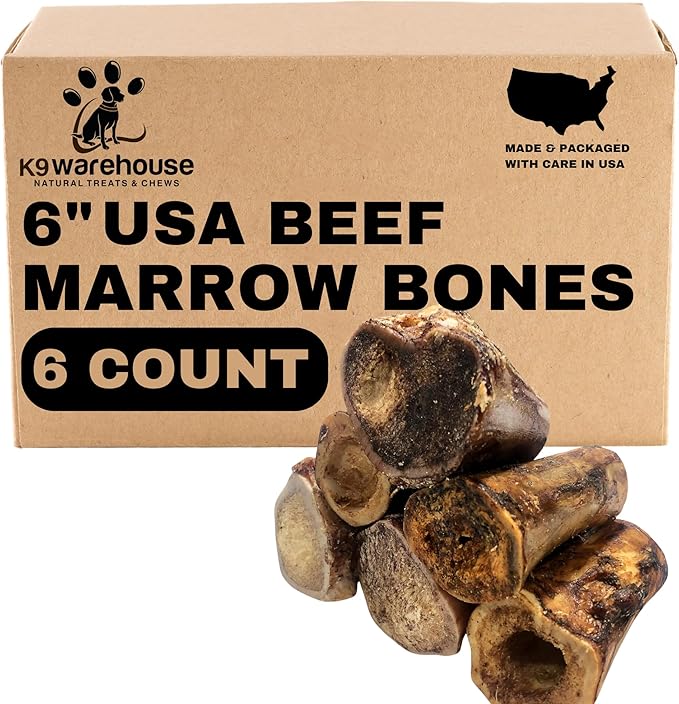 K9warehouse USA Marrow Bones for Dogs – All-Natural 5-6" Beef Bone Marrow Dog Treats – Long Lasting Bones for Aggressive Chewers – High-Protein Chews for Small, Medium, Large & Extra Large Breeds