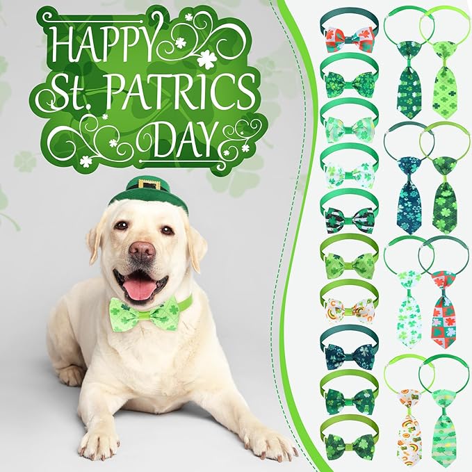 Reginary 40pcs St. Patrick's Day Dog Bow Ties Collars Bulk Clover Dog Bandanas Neckties Adjustable Shamrock Collars Pet Grooming Accessories for Small Medium Cats Holiday Pet Decorations