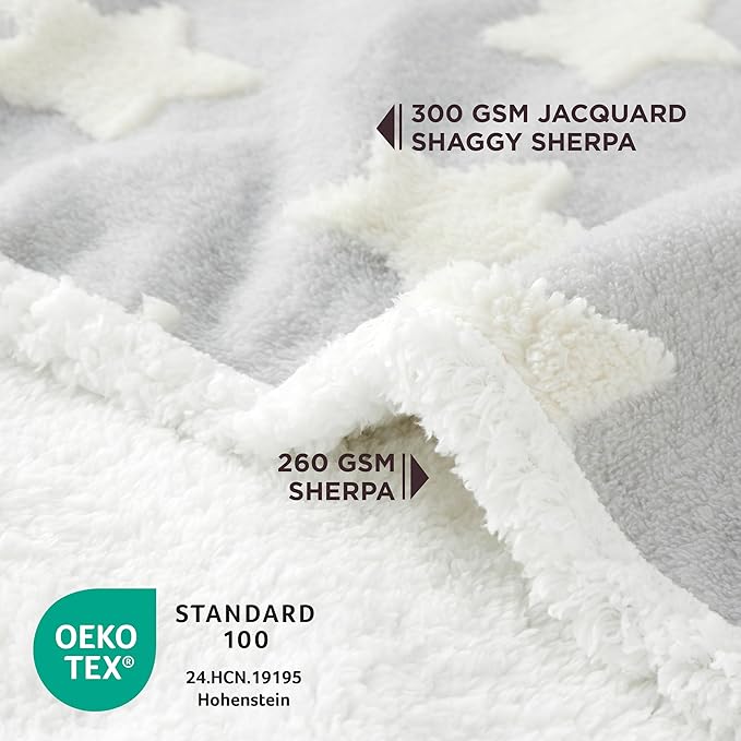 LE SURE Waterproof Dog Blanket for Large Dogs - Washable Double Sided Dog Blankets with Warm Jacquard Shag and Soft Sherpa Fleece, Pet Cat Blanket for Couch Protection, 3D Textured Star, Grey