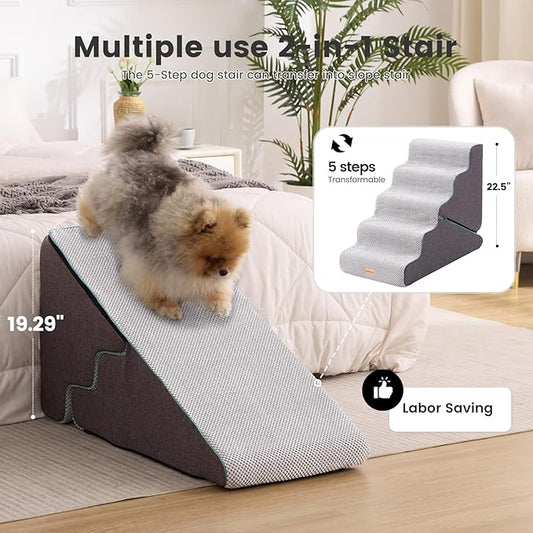 Gardner Pet Dog Stairs for Small Dogs 22.5" H, 2 in 1 Transformable 5-Step Pet Stairs and ramp, Dog Steps for Couch bed (23~27 in) with Durable Non-Slip Waterproof Cover and CertiPUR-US Certified Foam