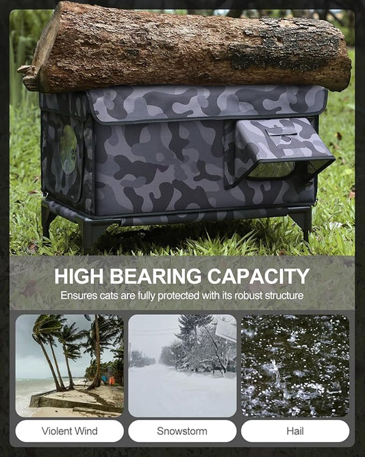 Heated Cat House for Outside,Dual Camera Mounts,100% Weatherproof & Extremely Insulated,Elevated Feral Cat Shelter with Escape Door,Waterproof Eaves for Outdoor Stray Barn Cat(Dark Camo,L)