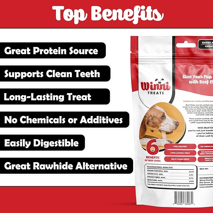 Beef Cheek Chips for Dogs - Single Ingredient, Premium Dog Chews - Long-Lasting, Not Rawhide, Dental Health - 5 Pieces