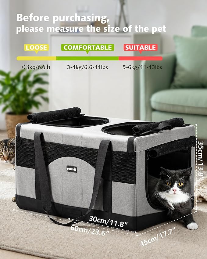 Pecute Cat Carrier for 2 Cats,Collapsible Soft Cat Carrier for Small to Medium Cat,can Hold 20lbs+ for Two Kitty Puppy,Stable and Secure Framework Design,Extra Large Dog Carrier for Travel,Gray