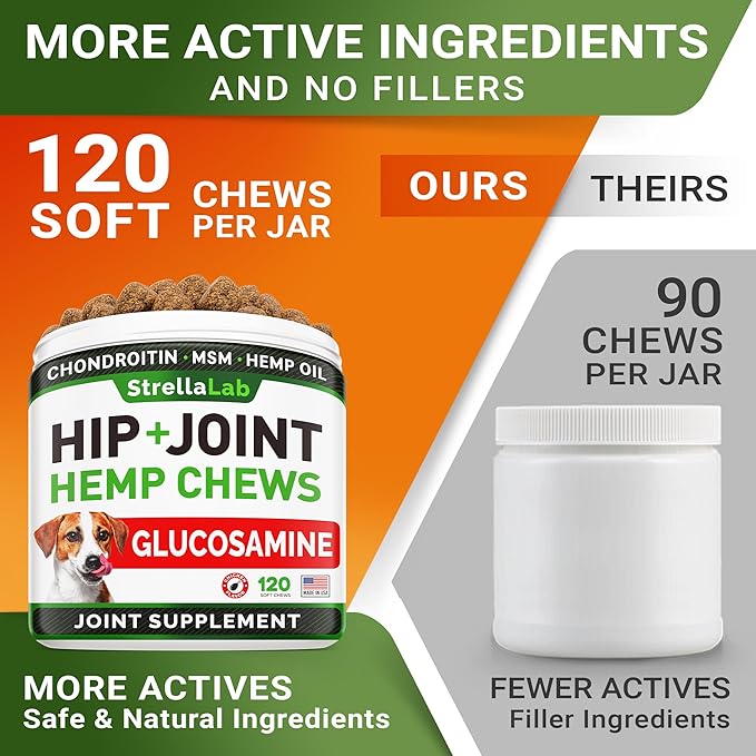 STRELLALAB Hemp Chews for Dogs - Hip & Joint Supplement with Glucosamine - Joint Pain Relief Treats - Omega 3, Chondroitin, MSM - Advanced Mobility Support - Chicken Flavor - 120 Ct - Made in USA