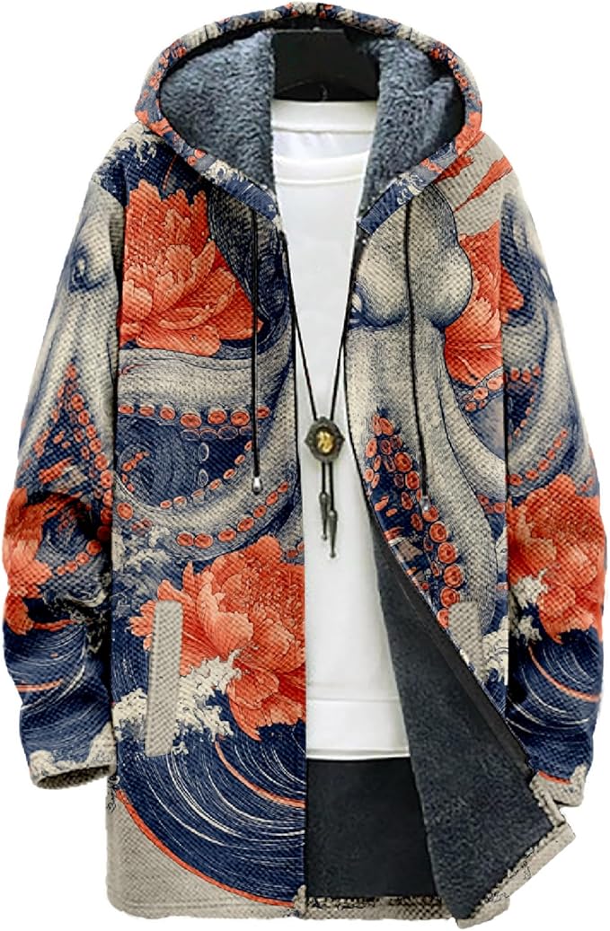 MARSVOVO Cool Hippie Long Cardigan Hoodies for Men Zipper Fleece Lined Knit Coat Skull Animal Print Graphic Jackets