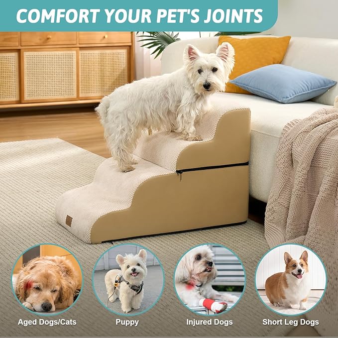 Dog Stairs for Small Dogs 19.7" H, Detachable Dog Step for Puppy or Older Cat, Ramp for Bed, Sofa, Couch or Chair, Ladder with High Density Foam, 15.7x28.3x19.7 inch, 4 Step, Beige
