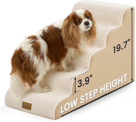 Dog Stairs for Small Dogs 19.7" H, 5-Step Slope Dog Steps for Bed, Couch or Chair, Sturdy Pet Ramp for Puppy, Older Cat, Pet Ladder with High Density Foam, 15.7x33x19.7 inch, Beige
