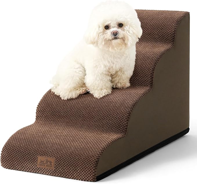 Dog Stairs for Small Dogs 19.7" H, Curved Dog Step for Puppy, Older or Cat, Medium Pet Ramp for Sofa, Couch or Bed, Ladder with High Density Foam, 4 Step, 15.7x28.3x19.7 inch, Brown