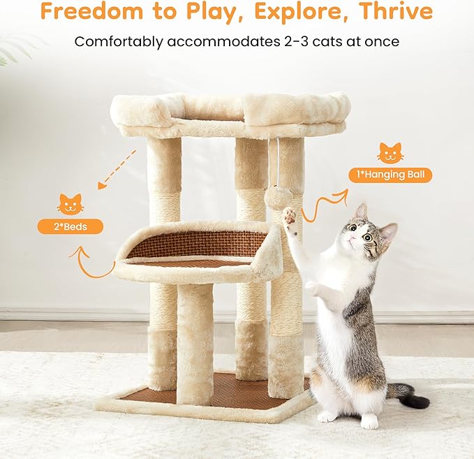 Multi-Level Cat Tower with Scratching Posts, Cat Tree with Double Cat Bed & Hanging Toys, Cute Climbing Tower with Sisal Scratcher for Kittens & Adult Cats, Cream White