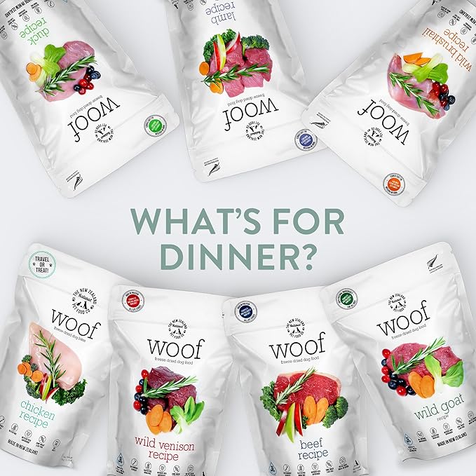 The New Zealand Natural Pet Food Co Woof Freeze Dried Dog Food - Wild Goat Recipe, High Protein, Complete Diet, Dog Treats, All Life Stages - 1.76 oz