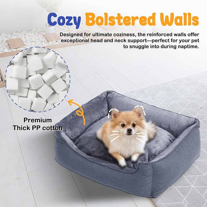 Makigued Rectangle Dog Bed for Small Dogs Washable Pet Bed with Bolster Sides Non-Slip Bottom Pet Sofa Waterproof Lining Durable Pet Cuddler, Dark Grey, 21x 16x 6.3 in