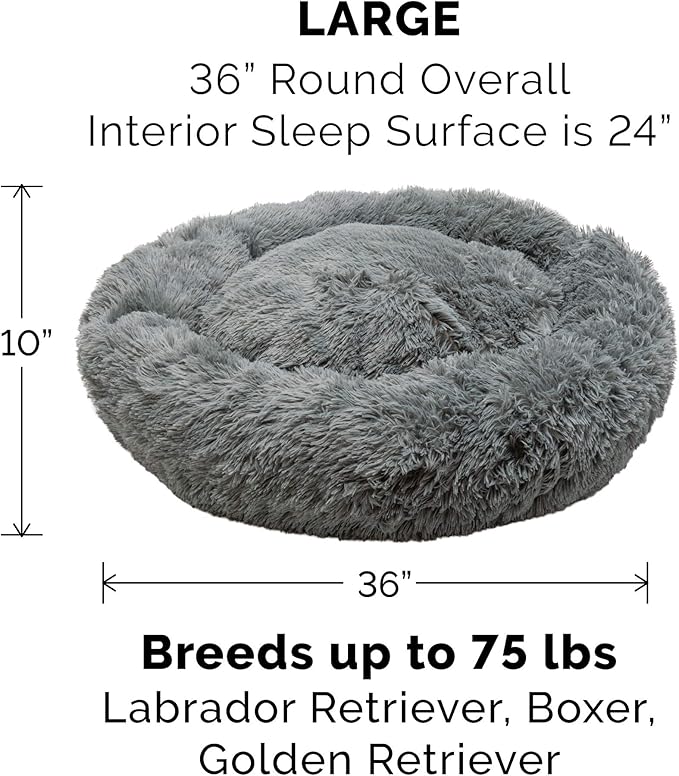Furhaven 36" Round Calming Donut Dog Bed for Large/Medium Dogs, Refillable w/ Removable Washable Cover, For Dogs Up to 75 lbs - Shaggy Plush Long Faux Fur Donut Bed - Gray, Large