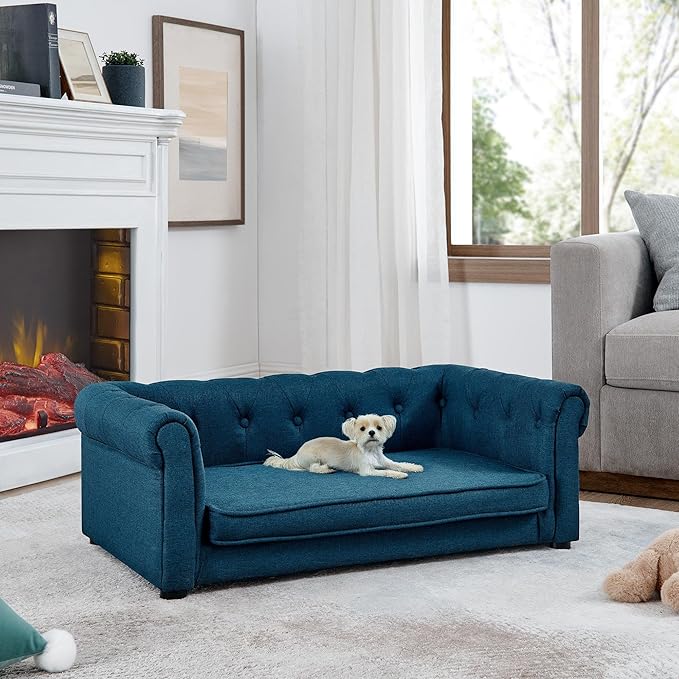 GDFStudio Modern Linen Dog Sofa for Small and Medium Dogs Elevated Pet Bed with Armrests and Backrest Durable and Comfortable Upholstered Pet Furniture, Blue