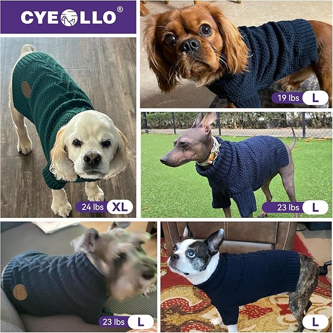 cyeollo Turtleneck Dog Sweater Knitted Cable Sweaters with Long Sleeves Winter Pet Clothes Pet Small Dog Sweaters, Grey XL
