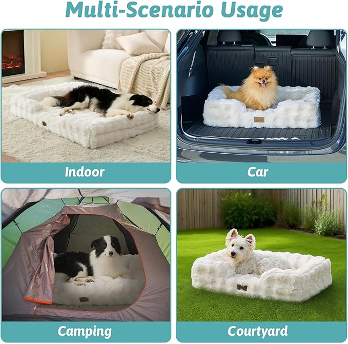 Orthopedic Dog Bed for Large Medium Size Dog, Faux Fur Pet Sofa, Foam Bolster Couch with Waterproof Lining Cover, Anti-Slip, Soft, Warm, Washable, C-Shaped, L 36x27x6.5 inch, Beige