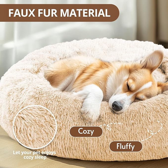 JOLLYVOGUE Small Dog & Cat Beds for Indoor Cats, Donut Cuddler Warming Soft Dog Beds with Anti-Slip Bottom, Round Calming Fluffy Plush Faux Fur Cushion Bed for Large Dogs (36", Off White)