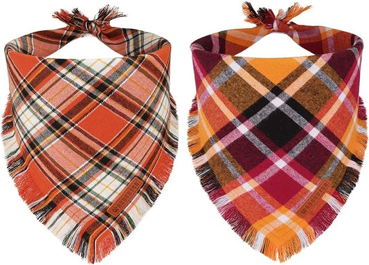 ADOGGYGO Fall Dog Bandana with Tassels Edges, Stylish Orange Plaid Pet Scarf, Multiple Size, Thanksgiving Halloween Fall Bandanas for Extra Large Dogs (X-Large)