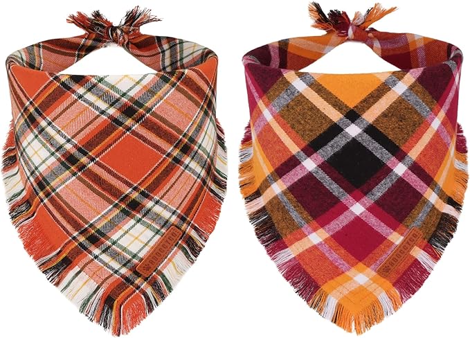 ADOGGYGO Fall Dog Bandana with Tassels Edges, Stylish Orange Plaid Pet Scarf, Multiple Size, Thanksgiving Halloween Fall Bandanas for Medium Large Dogs (Large)
