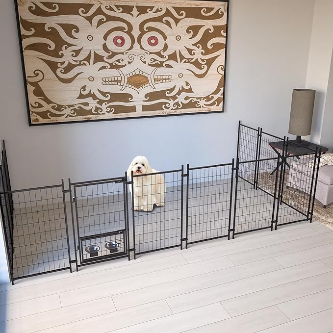 Dog Crate Dog Kennel Outdoor W/Roof,Dog Cage W/ 360°Rotating Feeder & Secure Lock,Weatherproof Dog Pens Outside W/Flexible Clamps,for Medium/Large,Grey(4.23x7.81x4.83 FT)