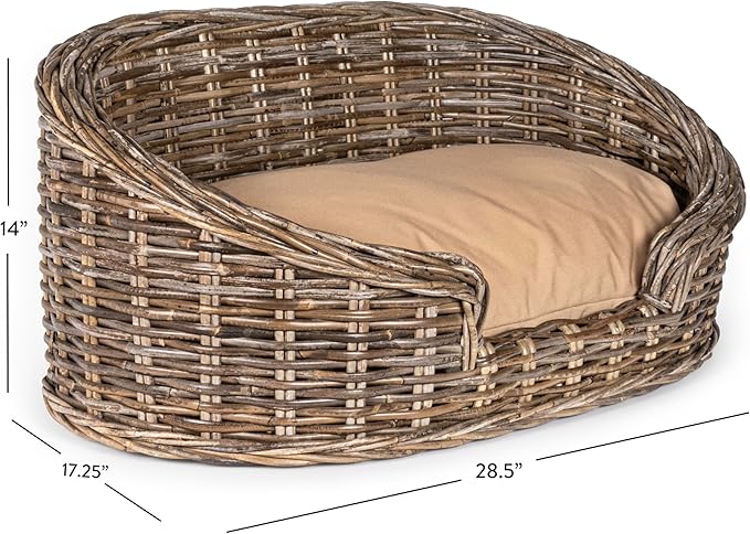 DBD1000A Curvy 28.5" x 17.25" Classic Handwoven Rattan Dog Bed with Machine-Washable Cushion, Kubu Gray