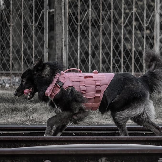 OneTigris Large Tactical Dog Harness, No Pulling Adjustable Dog Vest Harness, Heavy Duty Dog Harness with Handle, Large Hook and Loop Panels for Patch(Pink,L)