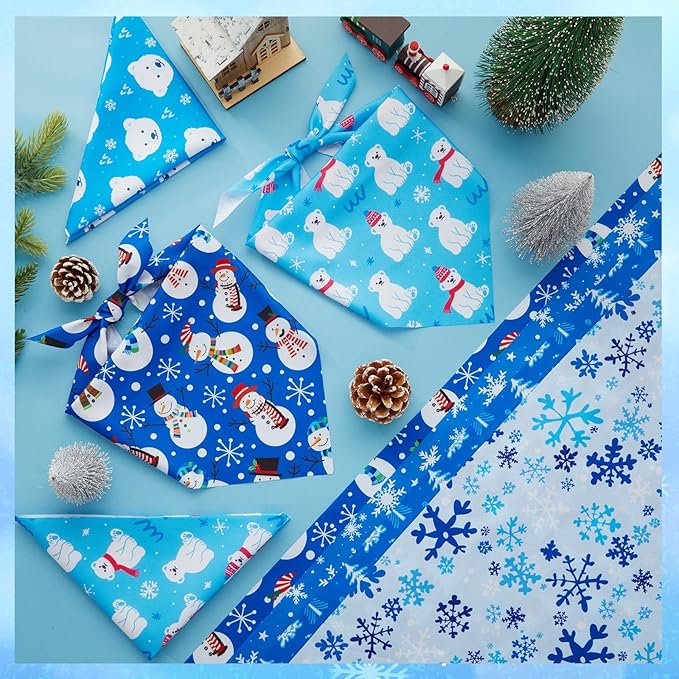 Preboun 100 Pcs Winter Dog Bandanas Bulk Blue Snowflakes Snowmen Bandanas for Dogs Triangle Kerchief Bibs Scarf for Pet Costume Photo Props Accessories Grooming Services Pet Shops Groomers, 25 Styles