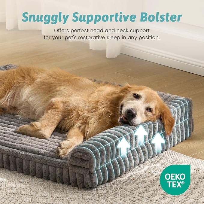 Cute Dog Bed for Large Dogs, Faux Fur Orthopedic Foam Dog Bed with Sides, Removable Washable Cover & Waterproof Lining, Comfortable Pet Couch, Grey (44" L x 32" W x 7" Th)