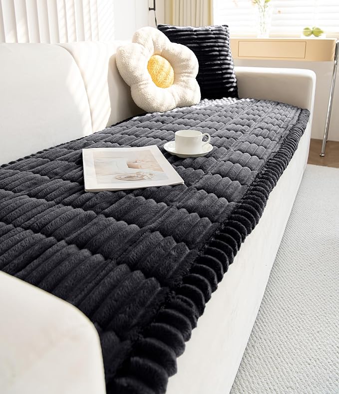 Faux Fur Plush Dog Couch Cover 3D Stripe Fuzzy Sofa Cover Non-Slip Fluffy Dog Bed Cover Pet Blanket Sofa Couch Furniture Protector for Puppy Large Dog Cat (Black,31"x82")