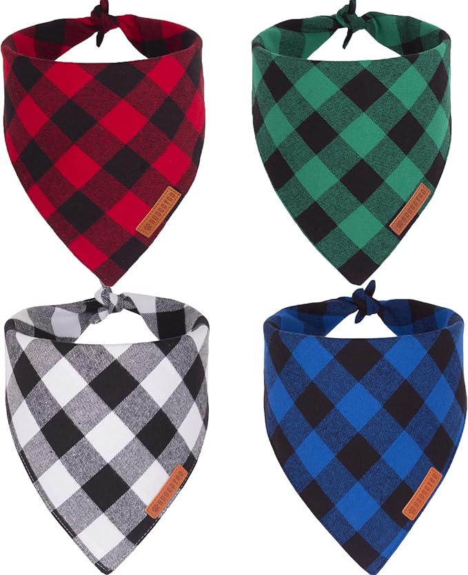 ADOGGYGO 4 Pack Dog Bandana Christmas Classic Plaid Bandana Scarf, Multiple Sizes Offered, Blue White Green Red Plaid Bandana for Medium Large Dogs (Large)