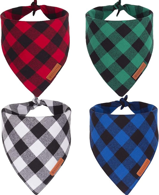 ADOGGYGO 4 Pack Dog Bandana Christmas Classic Plaid Bandana Scarf, Multiple Sizes Offered, Blue White Green Red Plaid Bandana for Medium Large Dogs (Large)