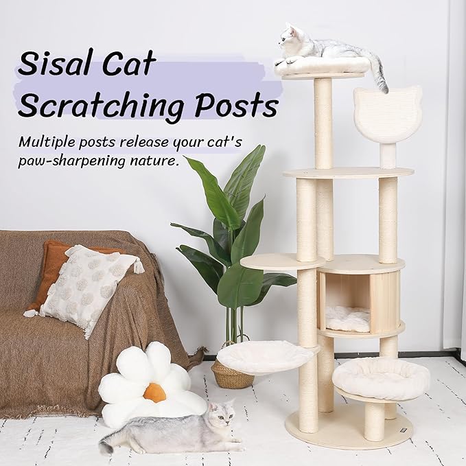KAMABOKO 64" Tall Cat Tree - Wooden Cat Trees Tower with Cat Condo, Hammock & Top Perch, Modern Tall Cat Tree w/Natural Sisal Posts for Climb Scratch Play Rest