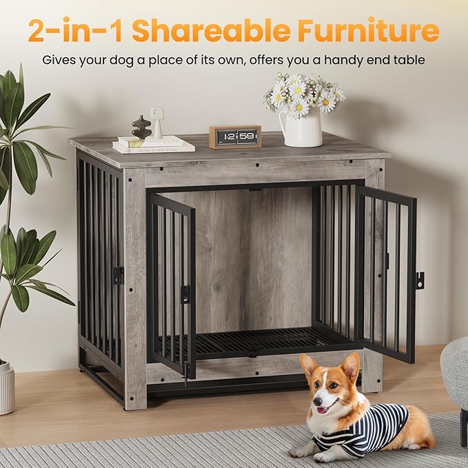 Dog Crate Furniture, 29 Inch Indoor Dog Kennel for Small Dogs Up to 30 LBS, Heavy Duty Wooden Pet Cage End Table with 3 Doors, Alloy Steel Frame & Removable Tray